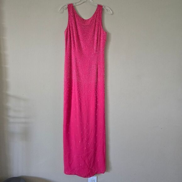 100% Silk Beaded Maxi Dress Embellished Pink Y2K Size 8 by Suzanne  Barbiecore - Picture 4 of 13